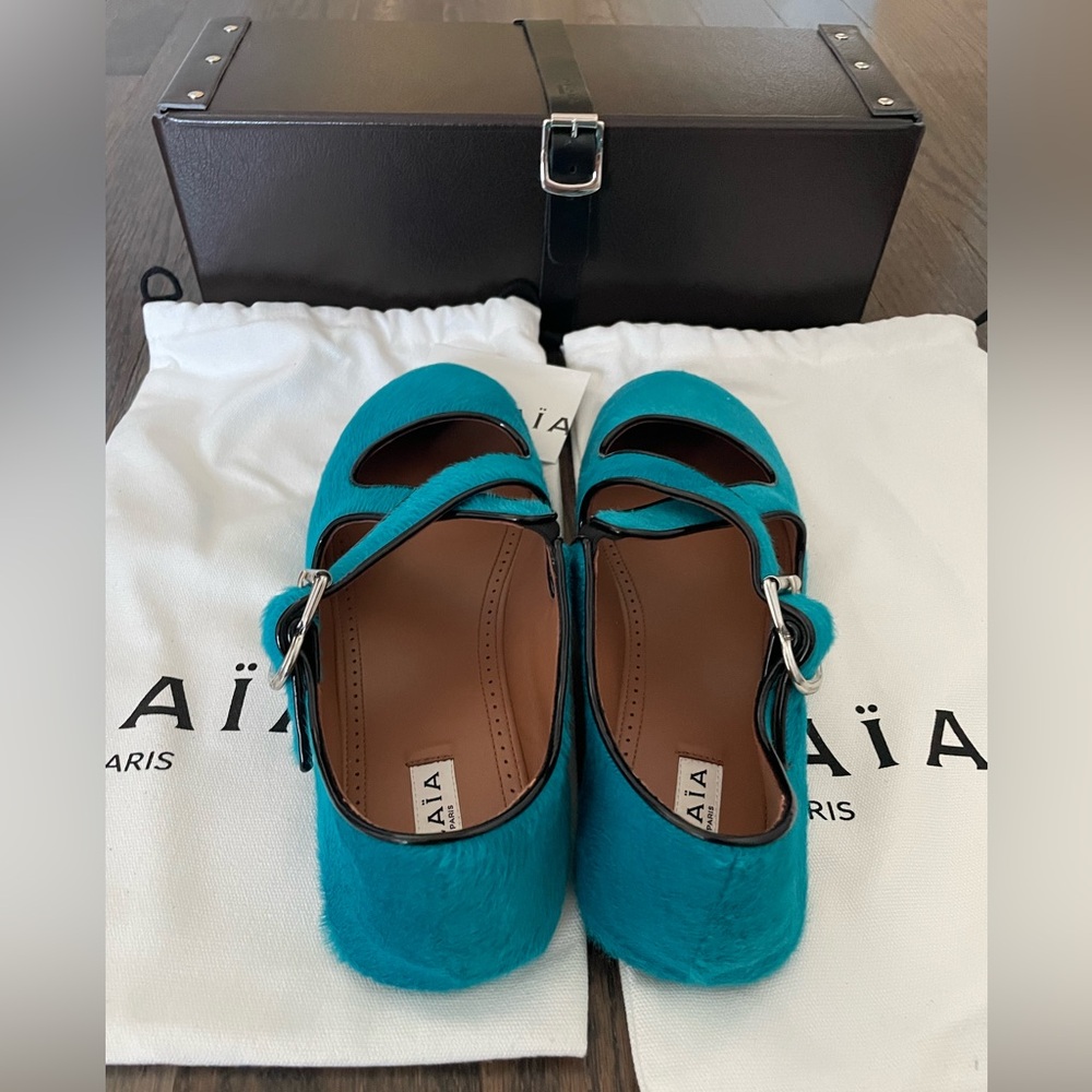 Alaia cross cross calf hair ballet flats turquoise blue size 40 EU / 10 US - Picture 14 of 16